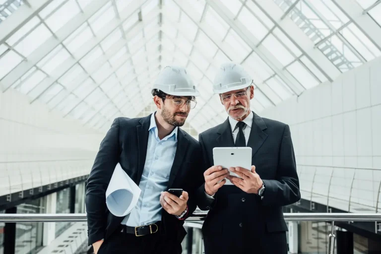 Dois profissionais de engenharia consultiva analisam o projeto de uma obra.