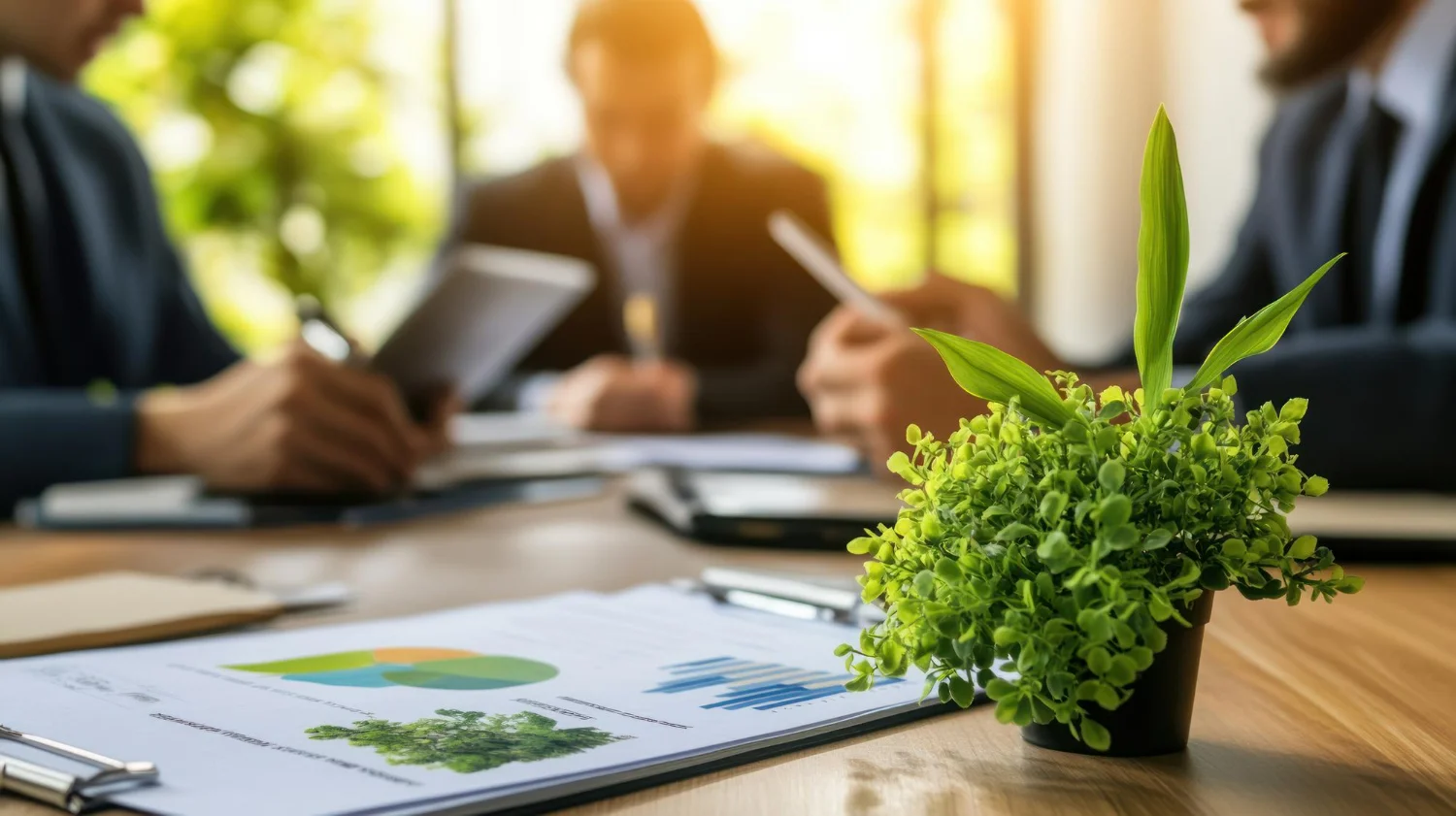 Imagem de três executivos analisando documentos e gráficos durante um processo de consultoria ambiental
